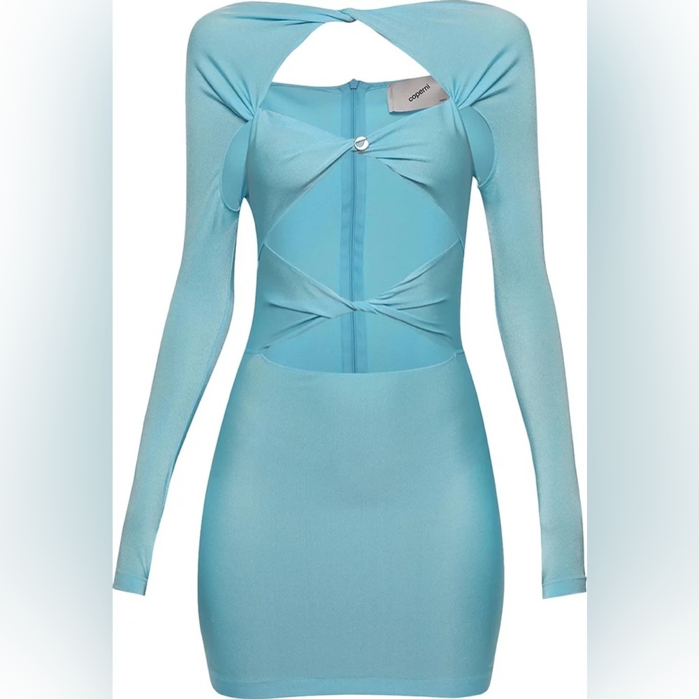 NWT Coperni cutout mini dress jersey turquoise blue body con long sleeve - Picture 4 of 11